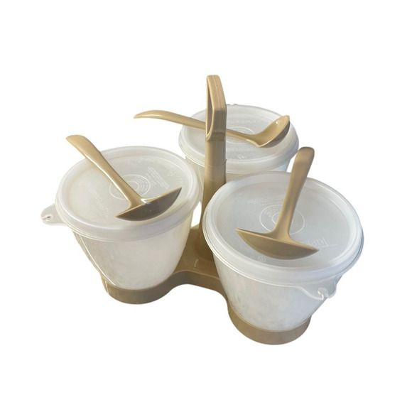 VTG Tupperware Condiment Caddy Server 757-3 Set 3 Bowls Lids & Spoons Almond - Picture 2 of 5